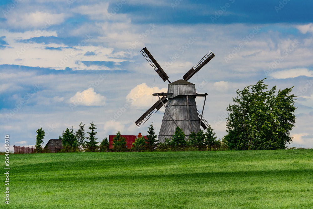 Historic windmill in the fields of Belarus.