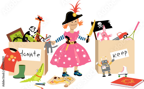 Little girl decluttering, sorting her toys into donation and keep boxes, EPS 8 vector illustration
