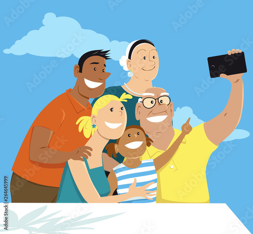 Three generation family taking a selfie on a smart-phone, EPS 8 vector illustration