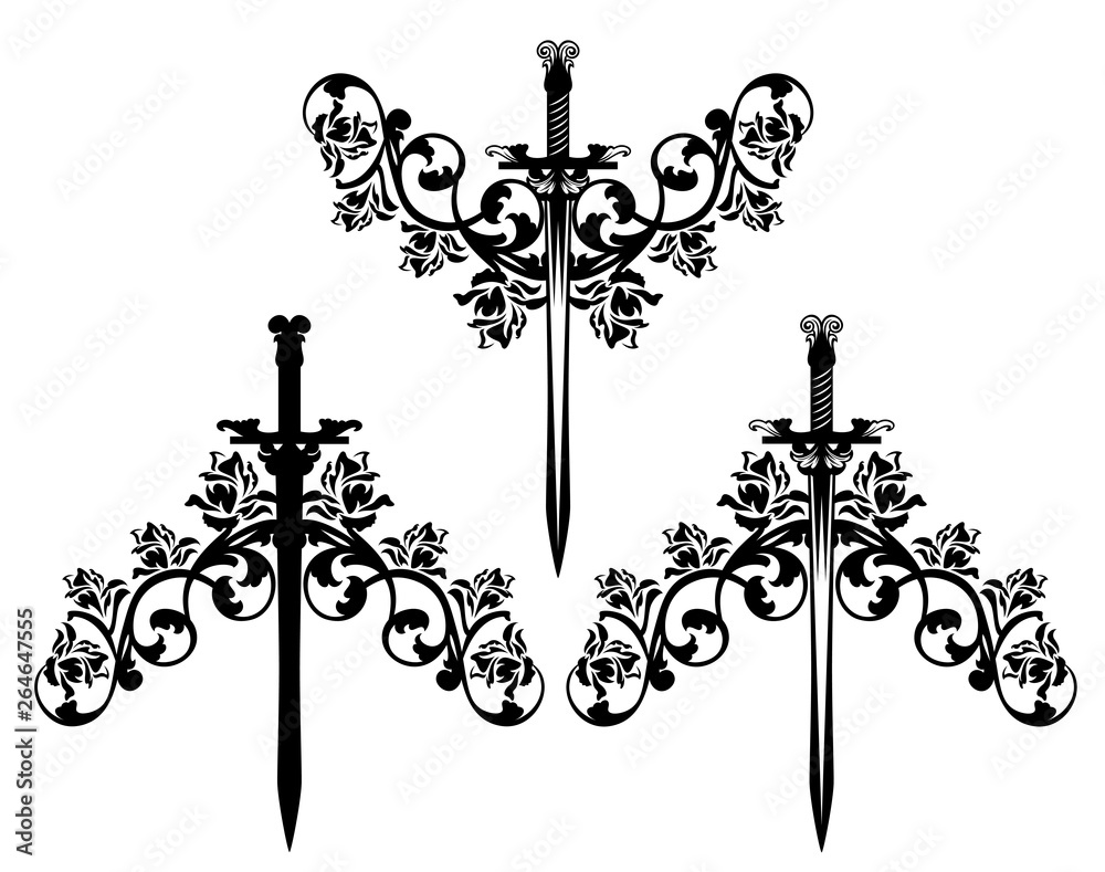 sword with blade among rose flowers ornament - black and white vector ...