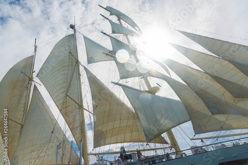 Open sails of the clipper boat