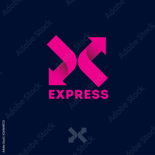 Two ribbons with arrows make up the X letter. Logistic, Delivery emblem. X origami logo, like pink ribbon.   