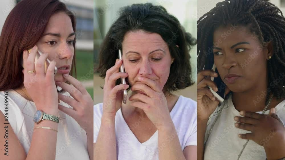 Collage of shocked women talking by smartphones. Multiscreen of multiethnic young and mature women having unpleasant phone conversations. Communication concept Collage of shocked women talking by smartphones. Multiscreen of multiethnic young and mature women having unpleasant phone conversations. Communication concept