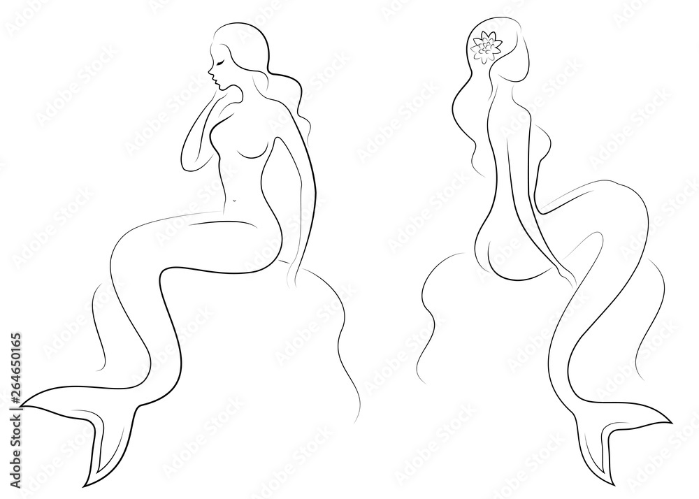 Collection. Silhouette of a mermaid. Girls bathe in a beautiful pose. The lady is young and slender. Fantastic image of a fairy tale. Set of vector illustrations Collection. Silhouette of a mermaid. Girls bathe in a beautiful pose. The lady is young and slender. Fantastic image of a fairy tale. Set of vector illustrations