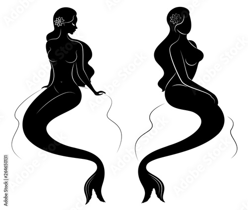 Collection. Silhouette of a mermaid. Girls bathe in a beautiful pose. The lady is young and slender. Fantastic image of a fairy tale. Set of vector illustrations