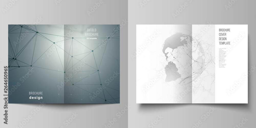 Fototapeta premium Vector layout of two A4 format cover mockups design templates for bifold brochure, flyer, report. Futuristic design with world globe, connecting lines. Global network connections, technology concept.