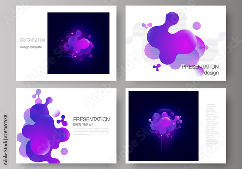 The minimalistic abstract vector illustration of the editable layout of the presentation slides design business templates. Black background with fluid gradient, liquid blue colored geometric element.
