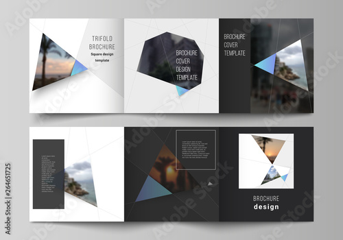 The minimal vector layout of square format covers design templates for trifold brochure, flyer, magazine. Creative modern background with blue triangles and triangular shapes. Simple design decoration