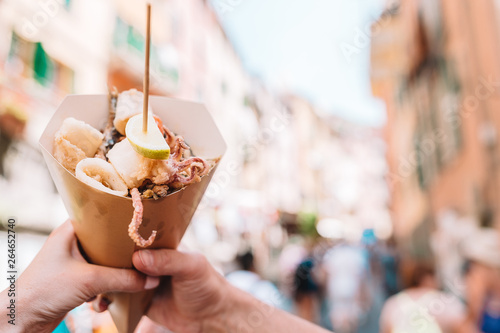 Fototapeta Naklejka Na Ścianę i Meble -  Italian street food grilled seafood fish, shrimps, calamari and vegetables
