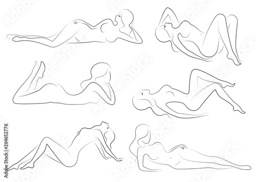 Collection. Silhouettes of lovely ladies. Beautiful girls are sitting in different poses. The figures of women are naked, feminine and slender. Set of vector illustrations