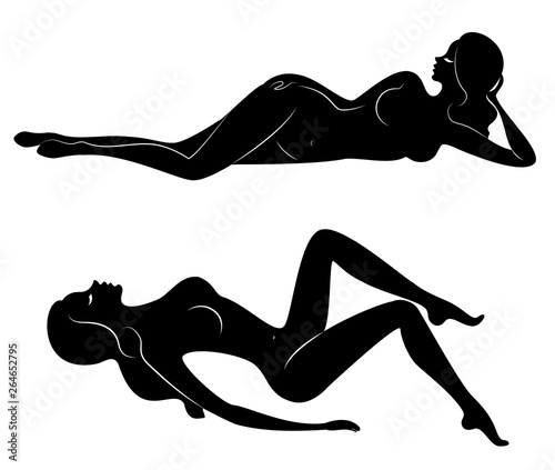 Collection. Silhouettes of lovely ladies. Beautiful girls are sitting in different poses. The figures of women are naked, feminine and slender. Set of vector illustrations