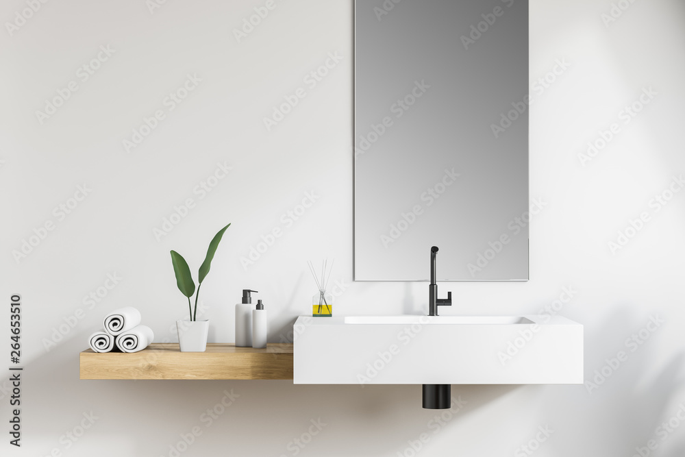 White bathroom sink with mirror - obrazy, fototapety, plakaty 