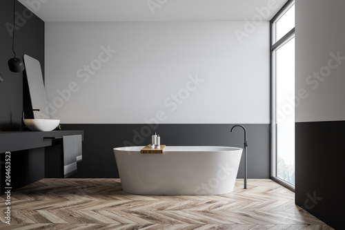 Side view of white and gray bathroom