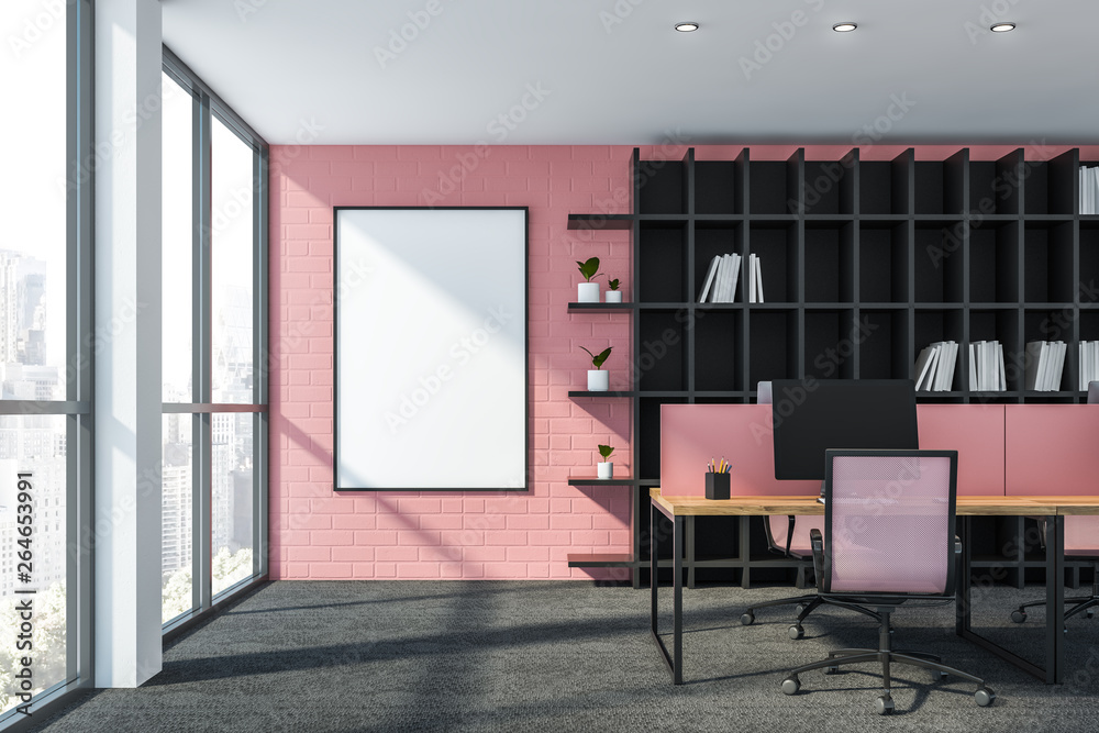 Fototapeta premium Pink brick office workplace with poster
