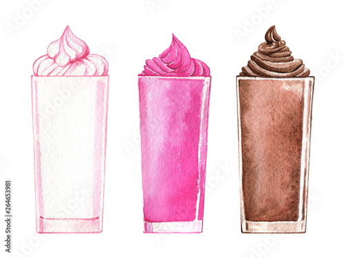 Milk shake chocolate strawberry vanilla cream glass watercolor isolated set
