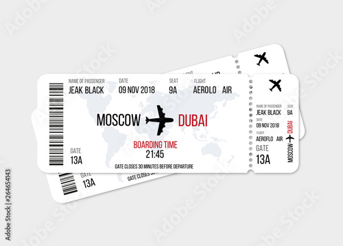 Realistic airline ticket design with passenger name. Vector illustration