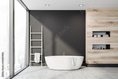 Gray and wooden bathroom with tub and ladder