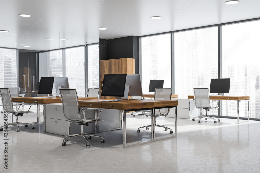 Gray panoramic office interior, wooden bookcases Gray panoramic office interior, wooden bookcases