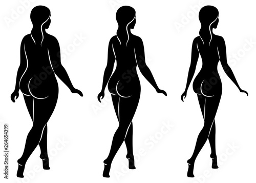 Collection. Silhouette of a beautiful woman figure. The girl is thin, slender and the woman is fat. The lady is standing. Set of vector illustrations