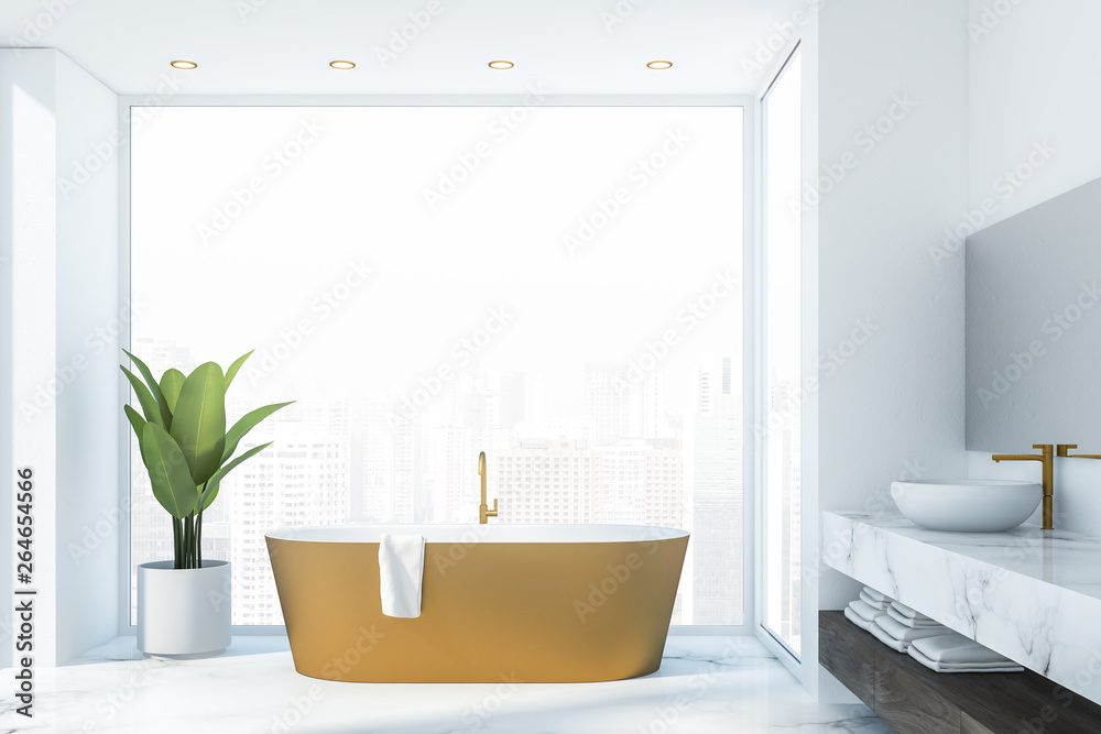 Fototapeta premium White marble bathroom interior, tub and sink
