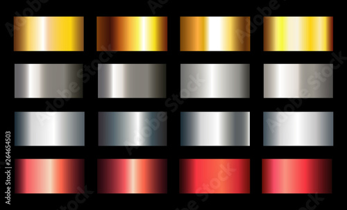 Collection of golden, silver and bronze backgrounds metallic gradient. Vector illustration.