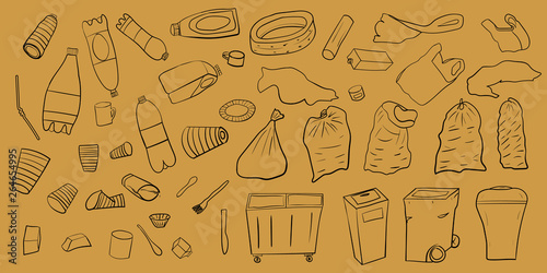 A set of plastic items for recycling and recycling. To create a design on the topic of prevention of pollution with plastic garbage.