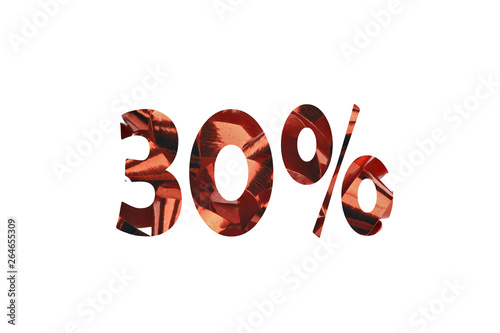Red number 30 percent cut out of a picture with red gift ribbon