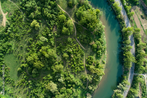 Road, river and forest aerial view. Picture taken with a drone.
