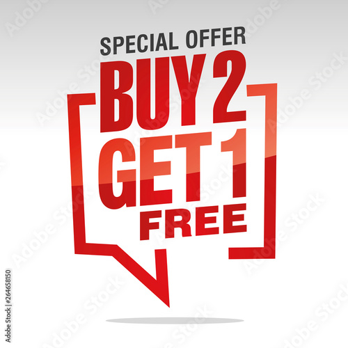 Buy 2 get 1 free in brackets speech red white isolated sticker icon