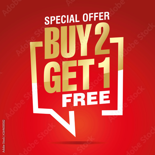 Buy 2 get 1 free in brackets speech gold white red sticker icon
