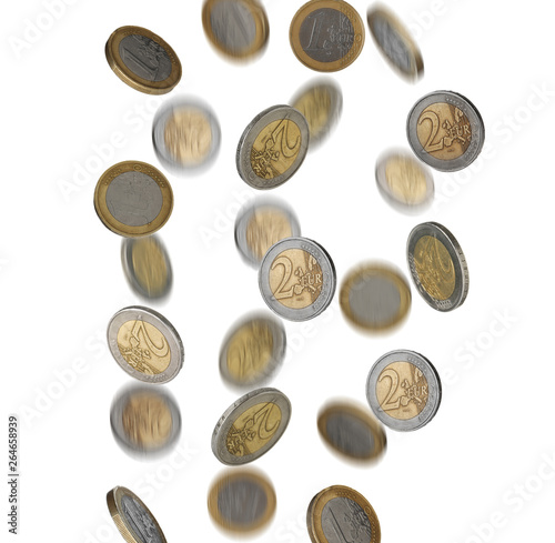 Many falling coin on white background. Financial concept
