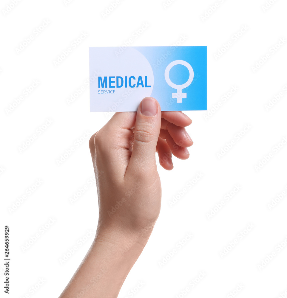 Girl holding medical business card isolated on white, closeup. Women's health service Girl holding medical business card isolated on white, closeup. Women's health service