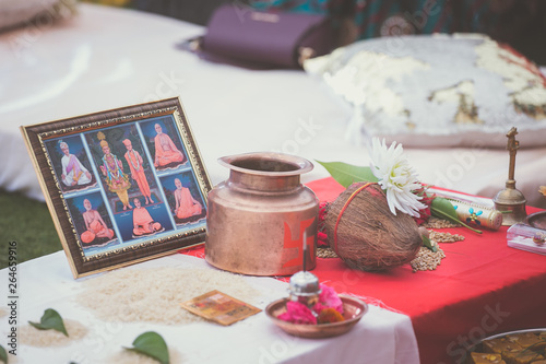 Indian hindu pre wedding ritual pooja items close up