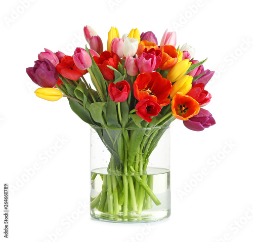 Wallpaper Mural Vase with beautiful spring tulip flowers on white background Torontodigital.ca