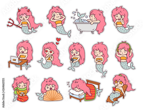 Big set of stickers and emoji with funny little mermaids. Cartoon characters with different facial expressions. Vector illustration.