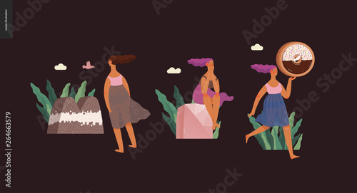 Dessert font ABC- modern flat vector concept digital illustration of temptation font, sweet lettering and girls. Caramel, toffee, biscuit, waffle, cookie, cream and chocolate letters
