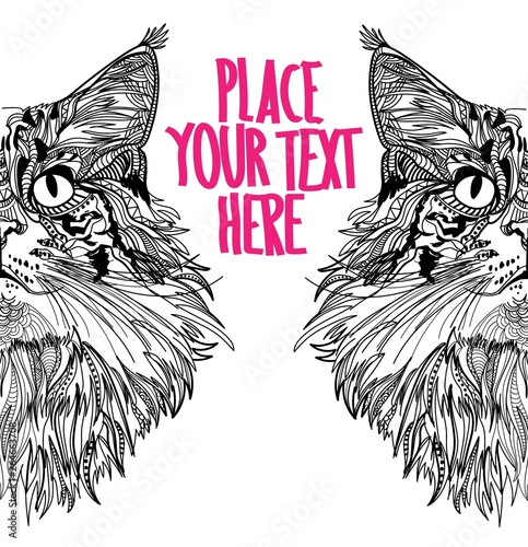 The head of a cat. Fluffy kitten. Drawing manually in vintage style. Meditative coloring. Coloring for children. Arrows, points, patterns. Background for text
