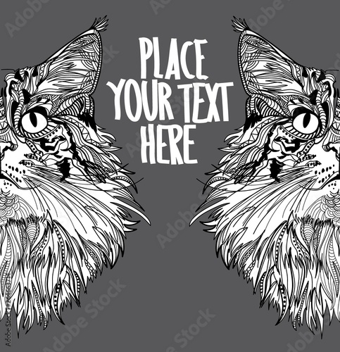 The head of a cat. Fluffy kitten. Drawing manually in vintage style. Meditative coloring. Coloring for children. Arrows, points, patterns. Background for text