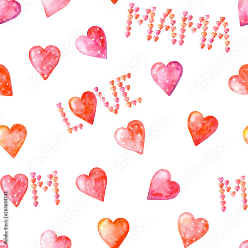 Watercolor seamless pattern with words MOM, MAMA, LOVE from cute pink and pink dot hearts, and hearts on a white background. I love you, mom. Illustration. Happy mother's day.