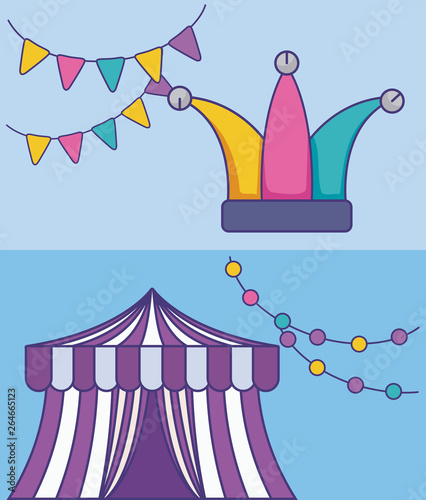 circus tent with hat joker and garlands