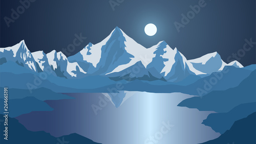 Vector landscape with mountains and lake, alps, night and full moon