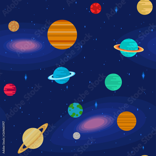 Seamless pattern with planets and space. Starry sky with planets of the solar system