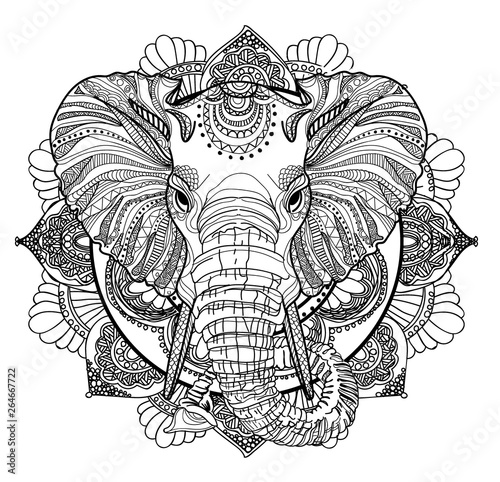 The head of an elephant. Meditation, coloring of the mandala. Large horns and long trunk. Elephants with tusks. Drawing manually, templates. Strips, points, arrows. Spots of watercolor paint, spray. 
