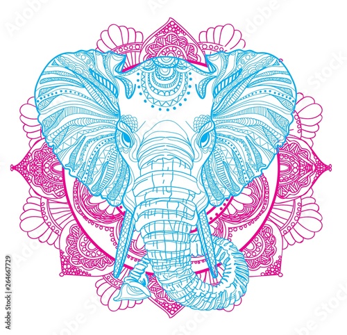 The head of an elephant. Meditation, coloring of the mandala. Large horns and long trunk. Elephants with tusks. Drawing manually, templates. Strips, points, arrows. Spots of watercolor paint, spray. 