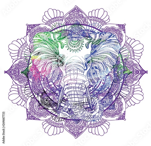 The head of an elephant. Meditation, coloring of the mandala. Large horns and long trunk. Elephants with tusks. Drawing manually, templates. Strips, points, arrows. Spots of watercolor paint, spray. 
