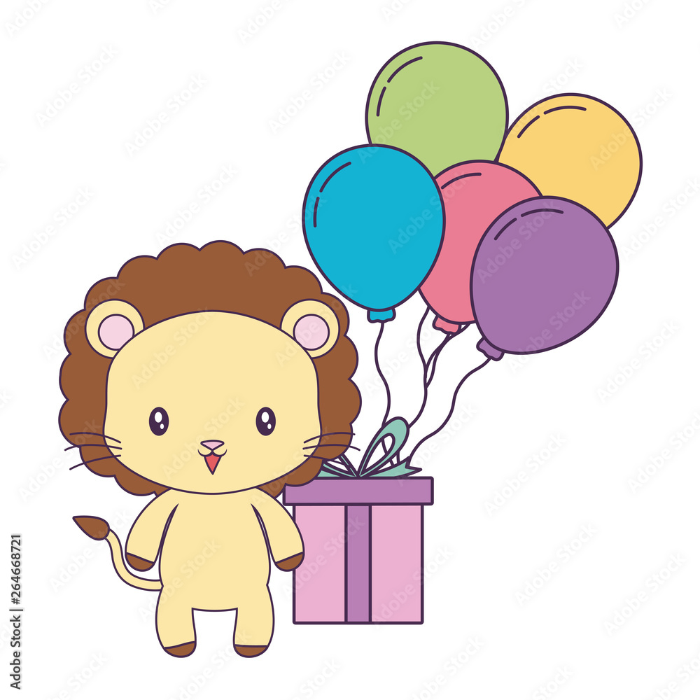 Obraz premium cute lion with gift box and balloons helium