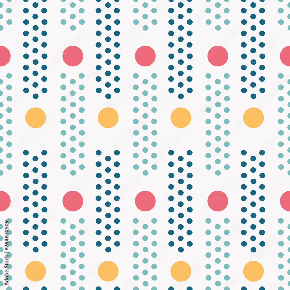 Colorful polka dot seamless pattern with pinpoint dots in columns. Vector. For spring or summer fashion, swimwear, office decor, cards, stationery and textiles. This lively print is so versatile!
