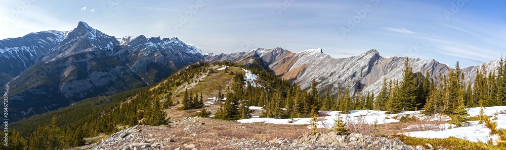 Wide Panoramic Landscape View of Exshaw Mountain Ridge, Green Meadows and Distant Snowcapped Canadian Rockies Peaks on a sunny Springtime Day in Alberta near Banff National Park