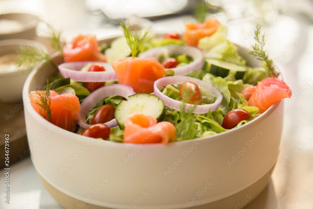 Fresh salmon fish salad with cream