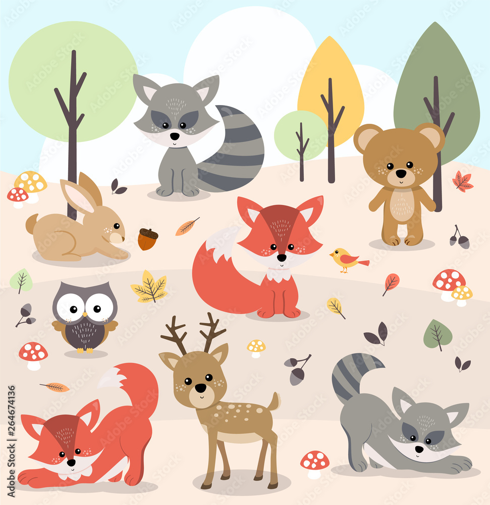 Cute woodland forest animals including deer, rabbit, bear, fox, raccoon, bird, owl